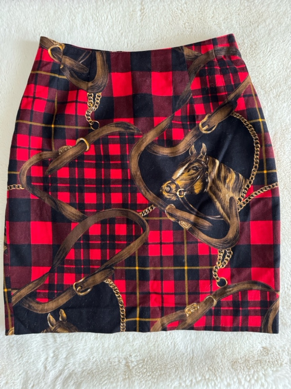 Vintage Plaid Equestrian Print Pencil Skirt - Red/Black